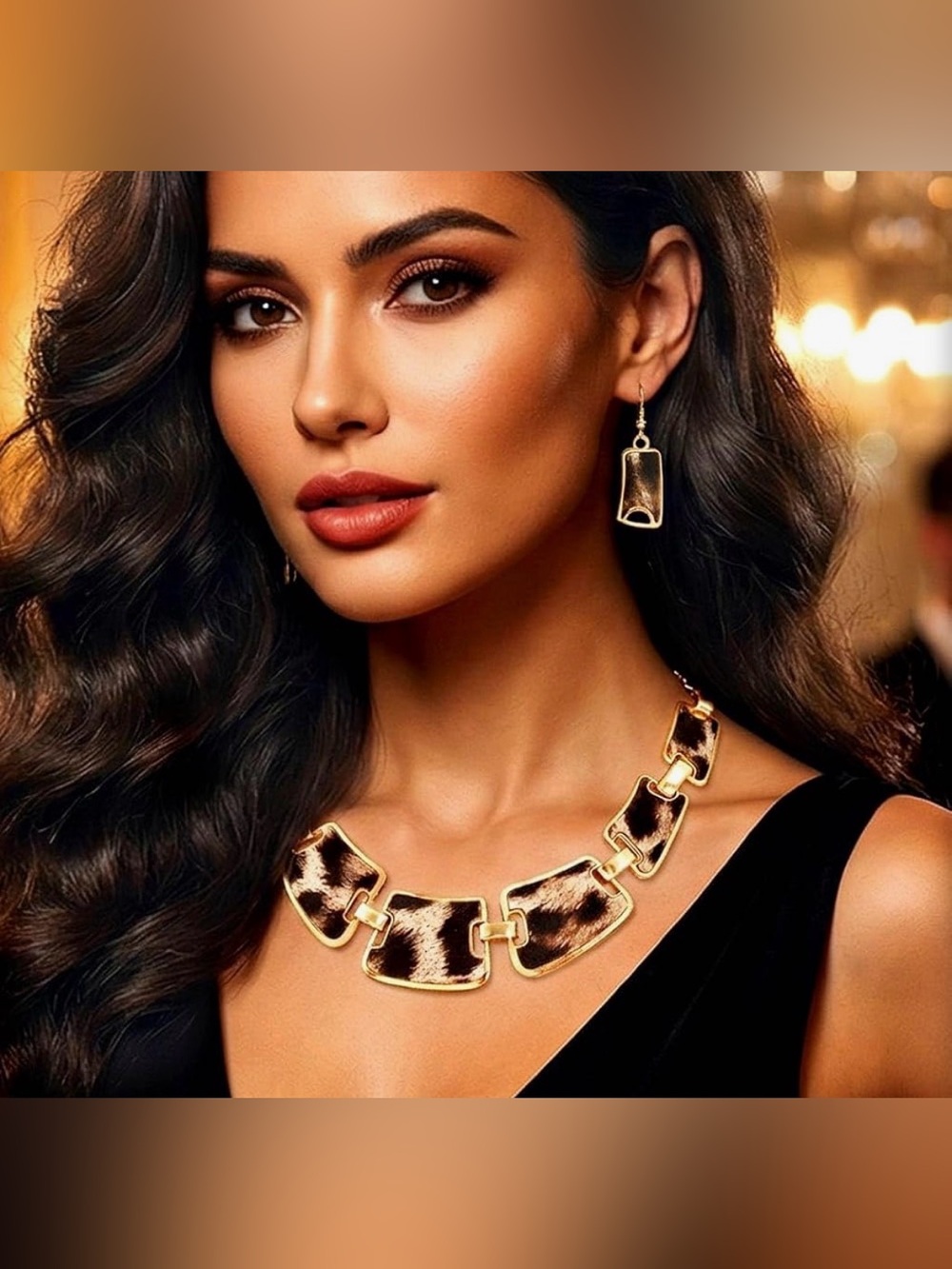 Elegant Gold-Tone Leopard Print Link Necklace and Earrings Set